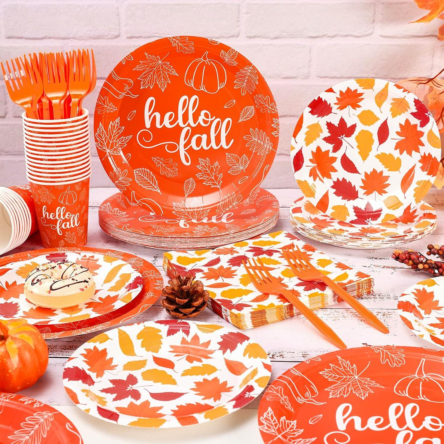 Hello Fall Maple Leaf Tableware Set, 120pc Autumn Party Dinnerware (Serves 24)