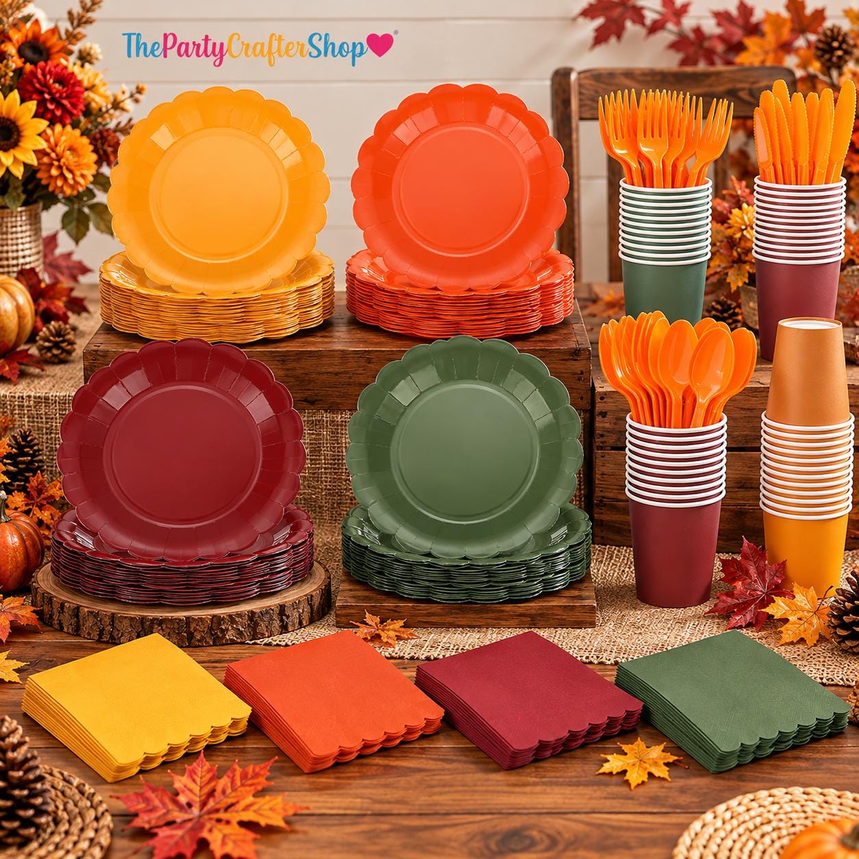 168pc Fall Party Tableware Set, Scalloped Paper Plates, Cups, Napkins, Utensils (Disposable)