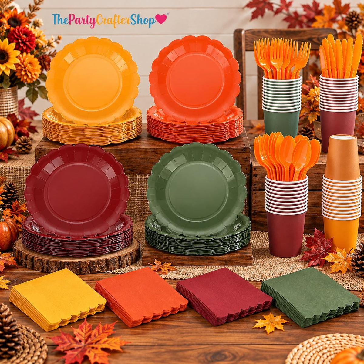 168pc Fall Party Tableware Set, Scalloped Paper Plates, Cups, Napkins, Utensils (Disposable)