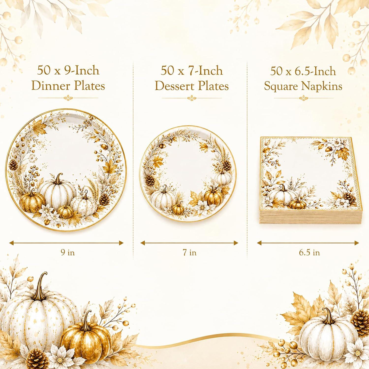 150pc Fall Pumpkin Napkins & Plates Set, Gold Floral Thanksgiving Tableware (50 Guests)