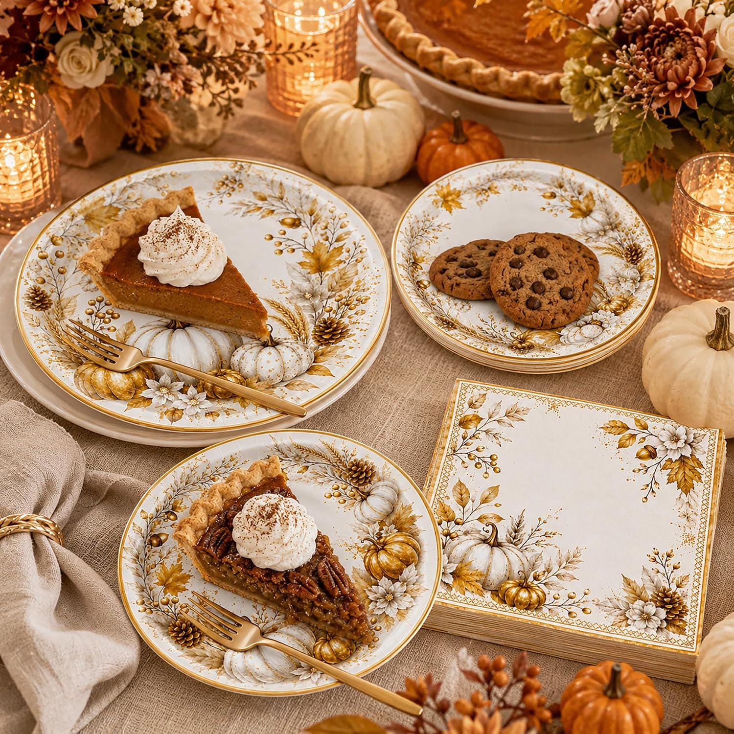 150pc Fall Pumpkin Napkins & Plates Set, Gold Floral Thanksgiving Tableware (50 Guests)