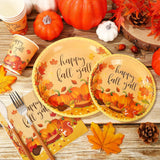 100pc Fall Tableware Set, Pumpkin Leaf Plates, Cups, Napkins (Serves 25)