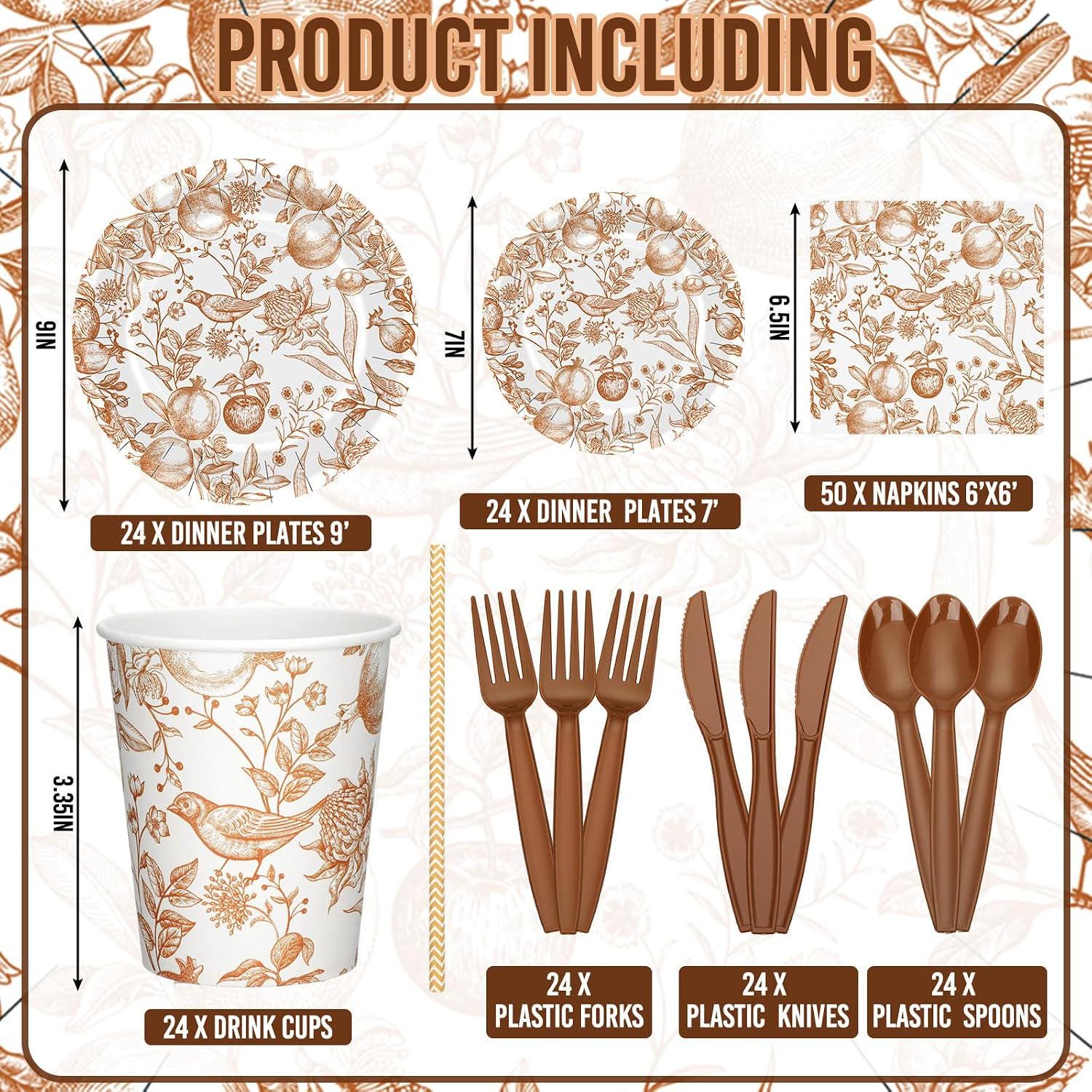 Pomegranate Bird Floral Tableware Set, Serves 24 Guests (Fall Party Decor)