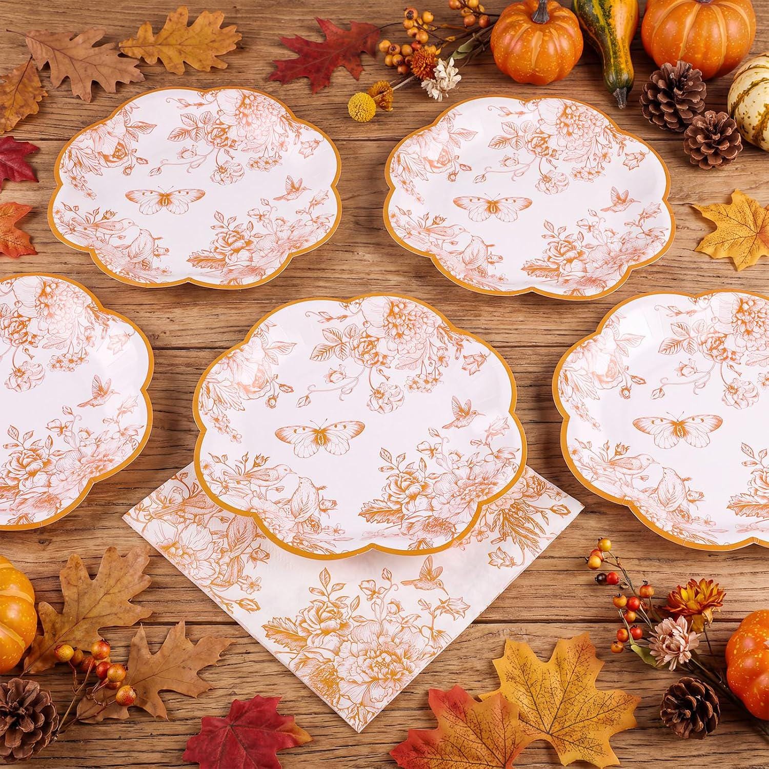 50pc Burnt Orange Floral Paper Plates & Napkins, Fall Wedding Baby Shower Decor