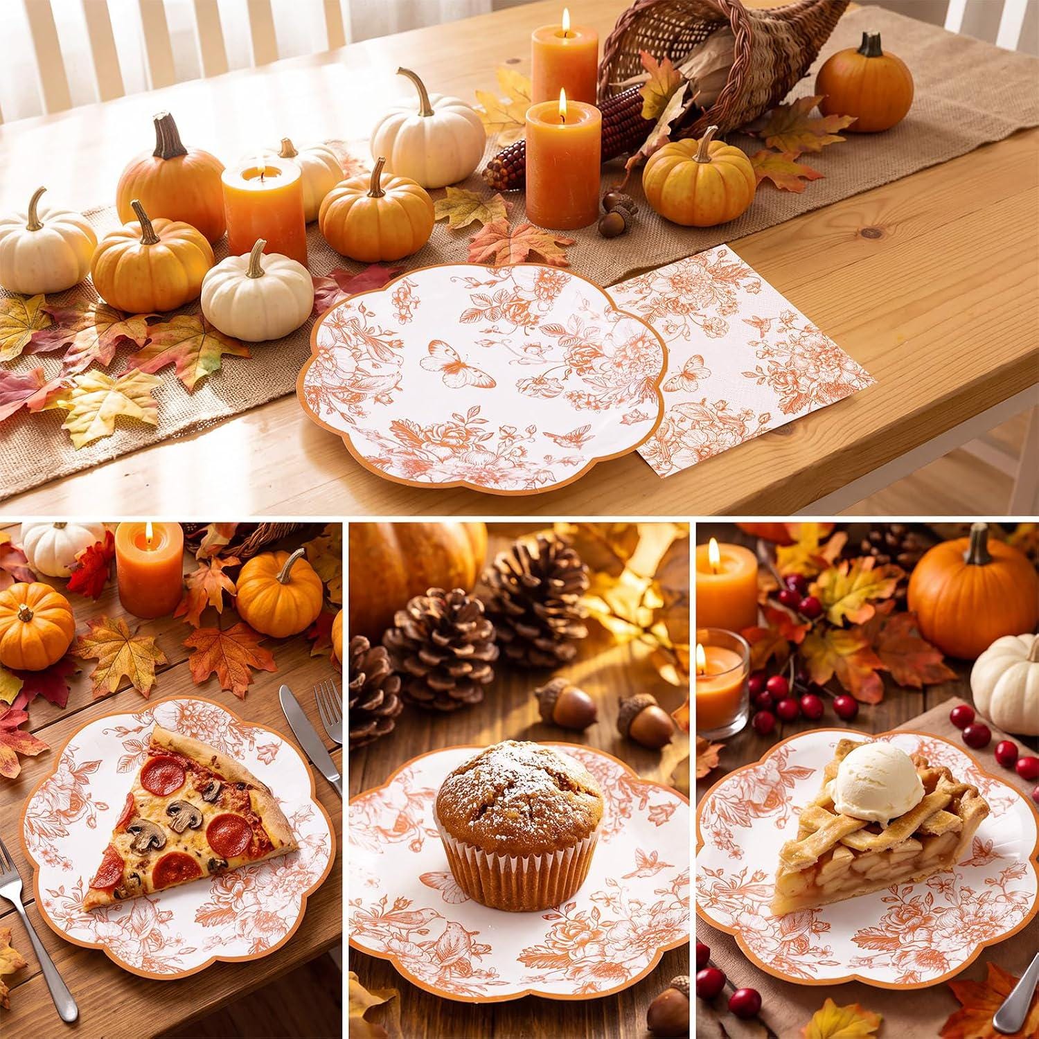 50pc Burnt Orange Floral Paper Plates & Napkins, Fall Wedding Baby Shower Decor