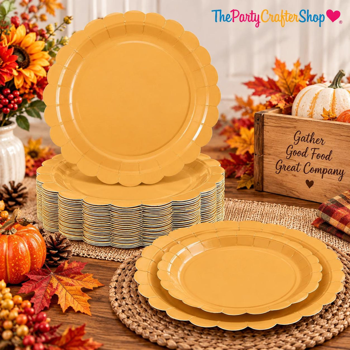 30pc Orange Scalloped Paper Plates, 9 Inch Fall Harvest Tableware (Disposable)