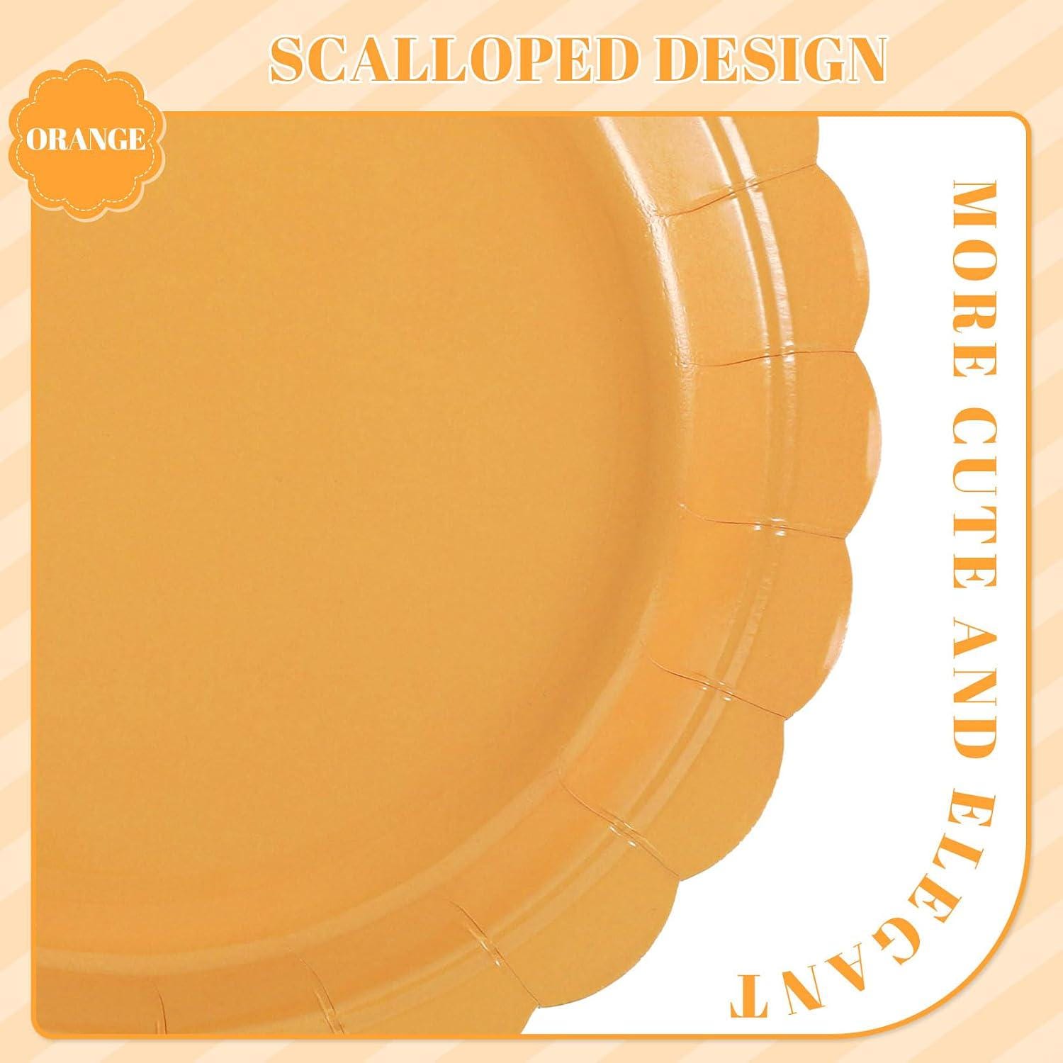 30pc Orange Scalloped Paper Plates, 9 Inch Fall Harvest Tableware (Disposable)
