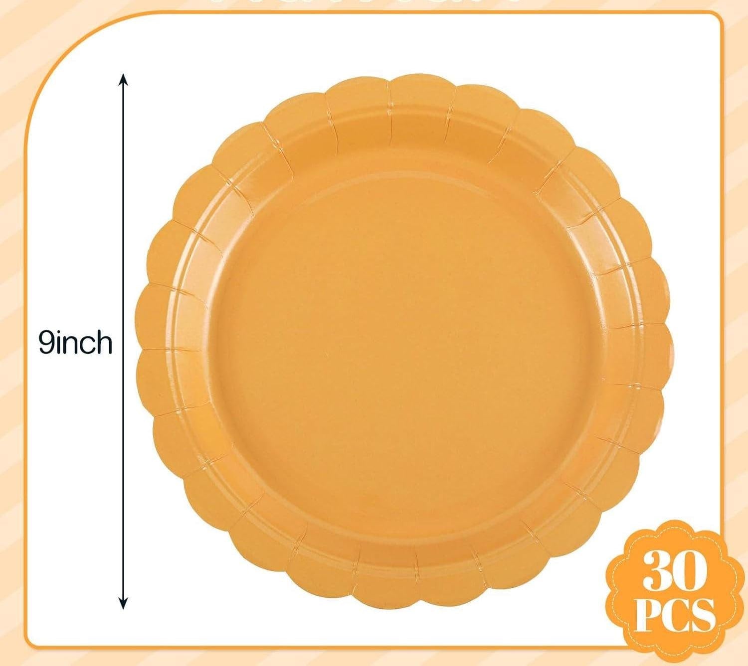 30pc Orange Scalloped Paper Plates, 9 Inch Fall Harvest Tableware (Disposable)