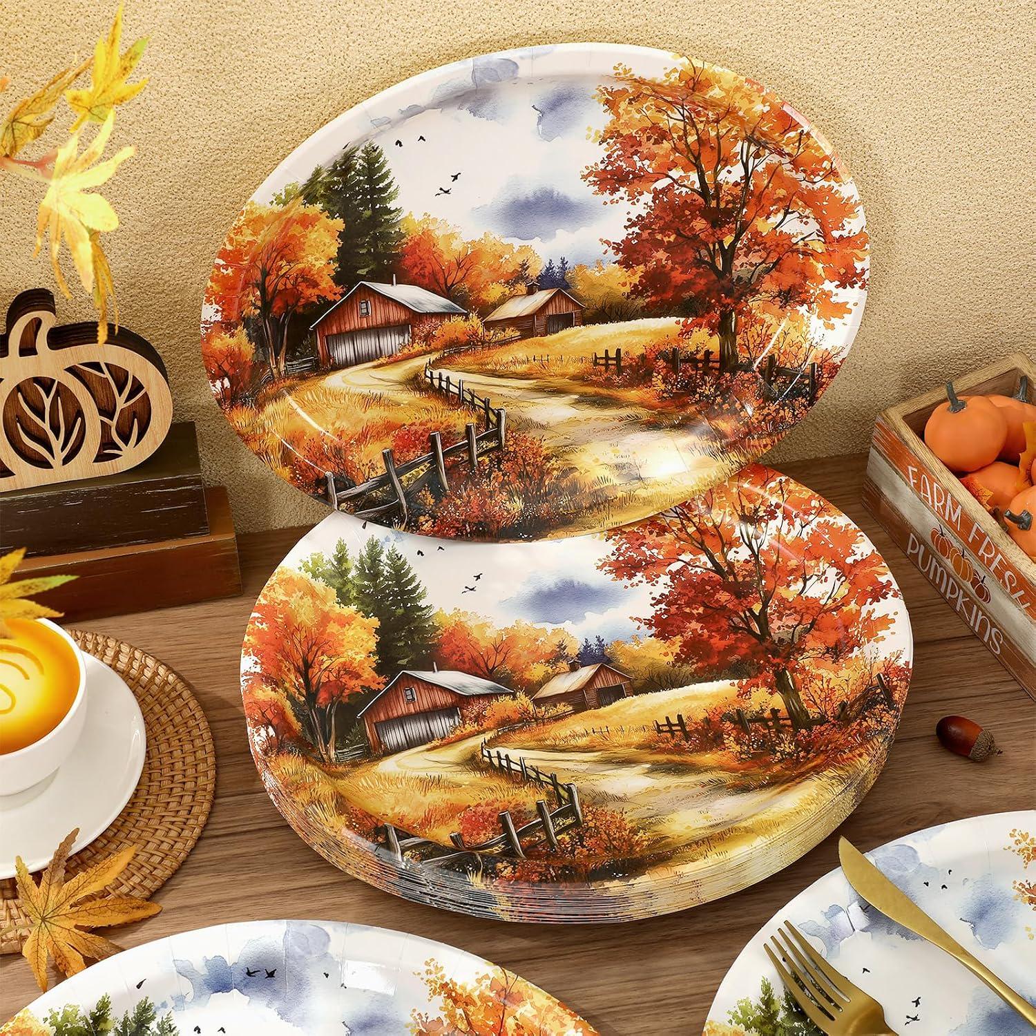 50pc Fall Paper Plates, Watercolor Autumn Landscape, Thanksgiving Party Supplies