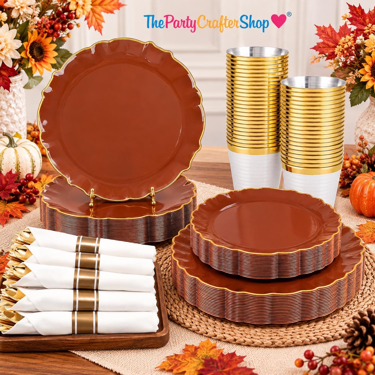 175pc Terracotta Gold Rim Tableware Set, Serves 25, Disposable Party Decor