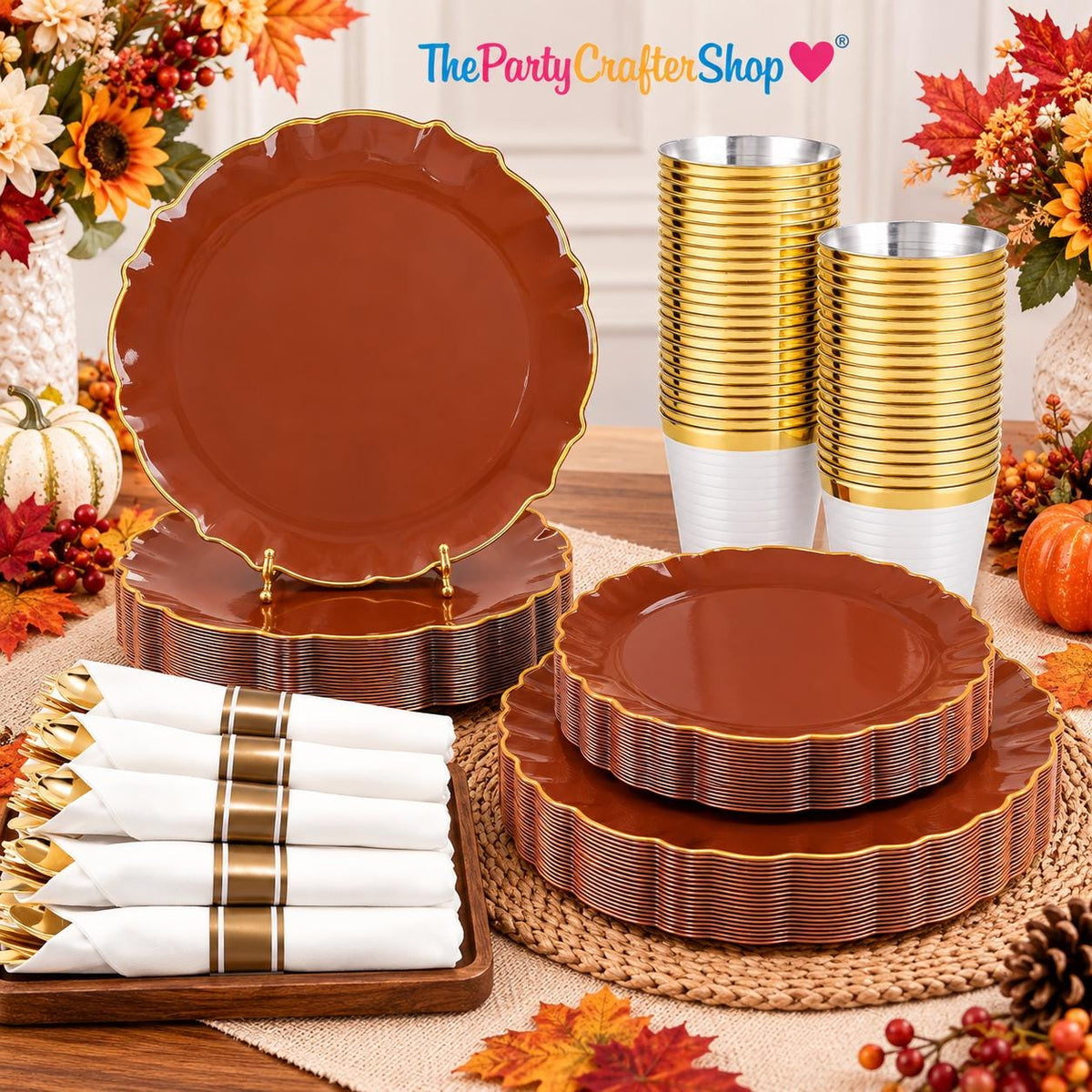 175pc Terracotta Gold Rim Tableware Set, Serves 25, Disposable Party Decor