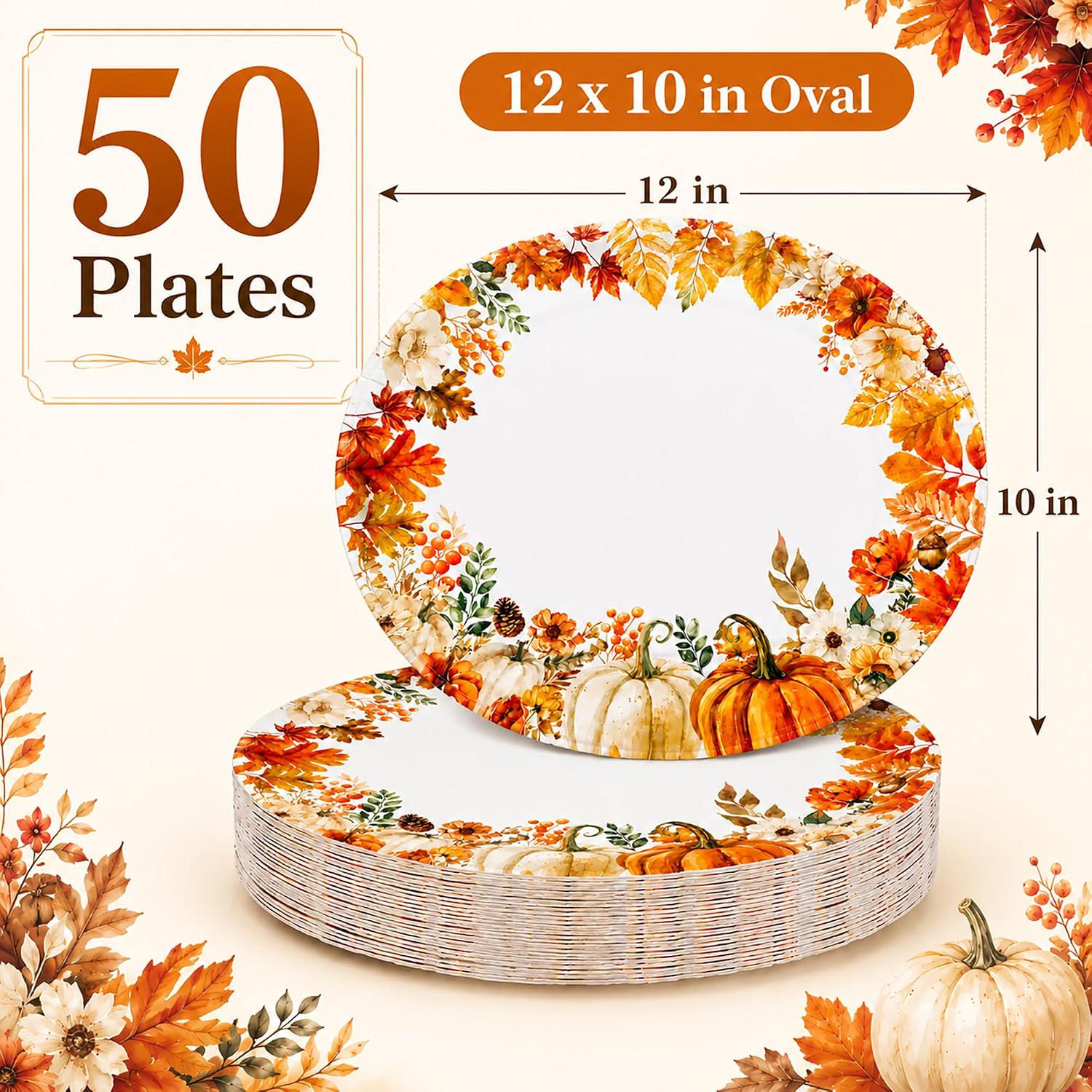 50pc Fall Oval Paper Plates, Pumpkin Maple Leaf, Thanksgiving Party Tableware (12x10 Inch)