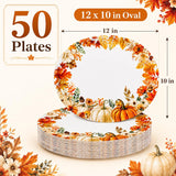 50pc Fall Oval Paper Plates, Pumpkin Maple Leaf, Thanksgiving Party Tableware (12x10 Inch)