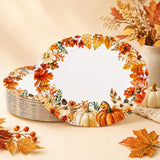 50pc Fall Oval Paper Plates, Pumpkin Maple Leaf, Thanksgiving Party Tableware (12x10 Inch)