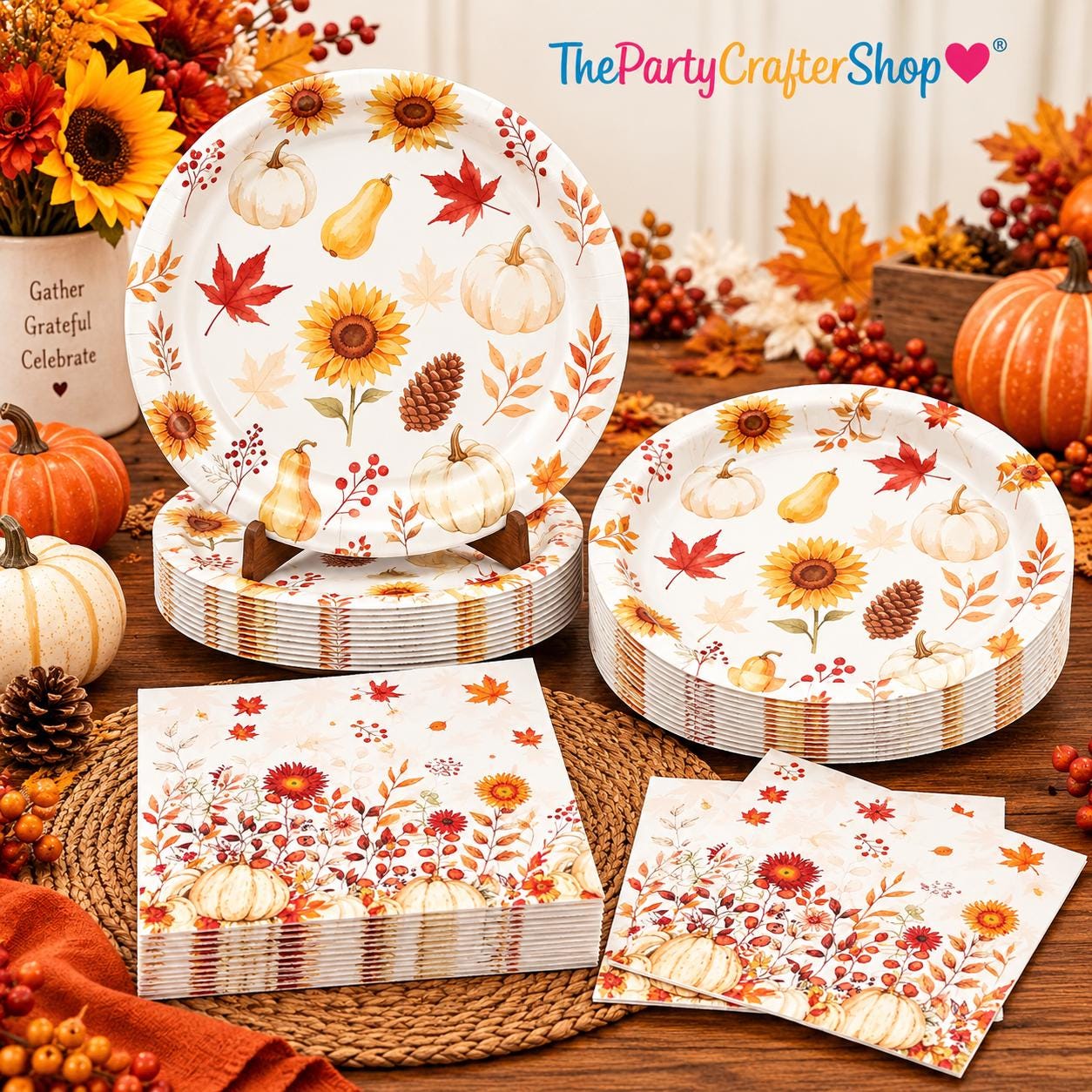 40pc Fall Floral Paper Plates & Napkins, Watercolor Sunflower Party Set