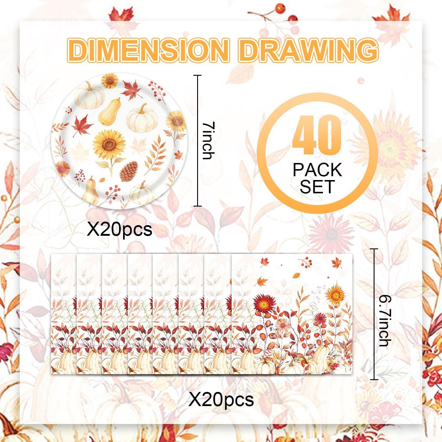 40pc Fall Floral Paper Plates & Napkins, Watercolor Sunflower Party Set