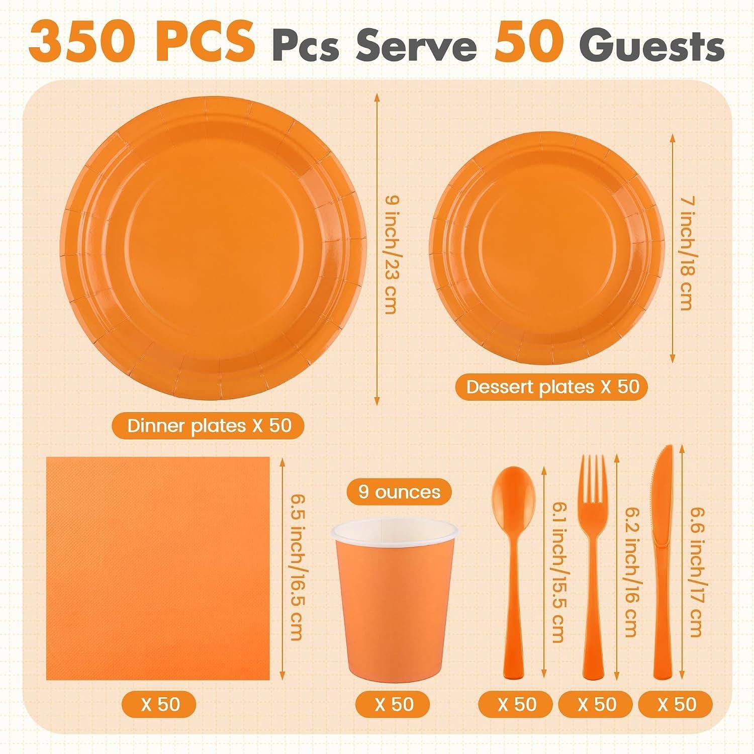 350pc Orange Disposable Tableware Set, Party Supplies for 50 Guests