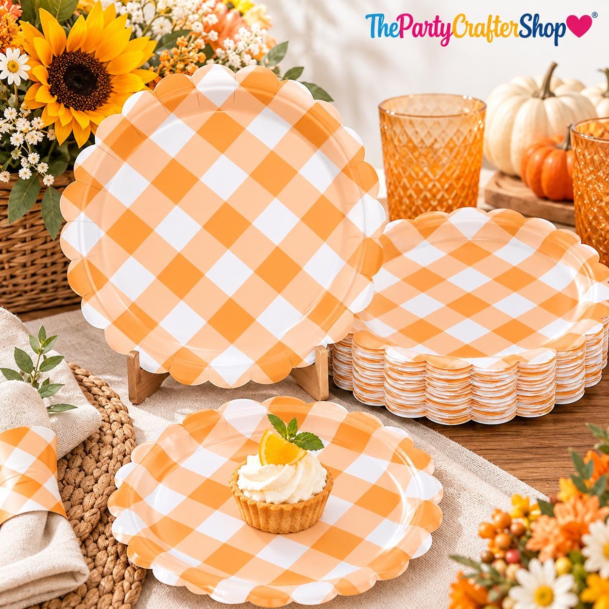 48pc Orange Gingham Paper Plates, 7 Inch Scalloped Dessert Plates (Fall Party Decor)