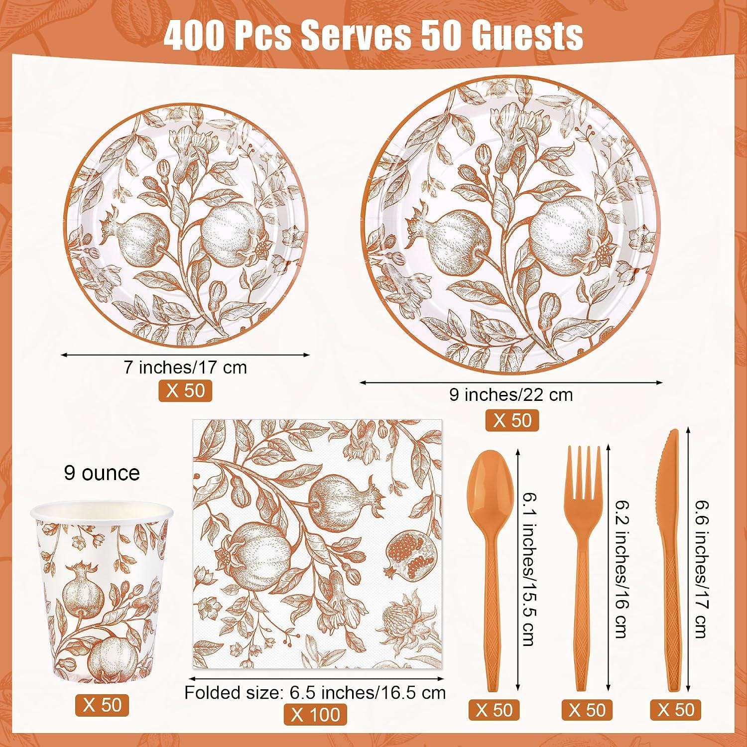 400pc Pomegranate Floral Tableware Set, Orange Autumn Plates, Cups, Napkins, Cutlery (Serves 50)