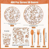 400pc Pomegranate Floral Tableware Set, Orange Autumn Plates, Cups, Napkins, Cutlery (Serves 50)