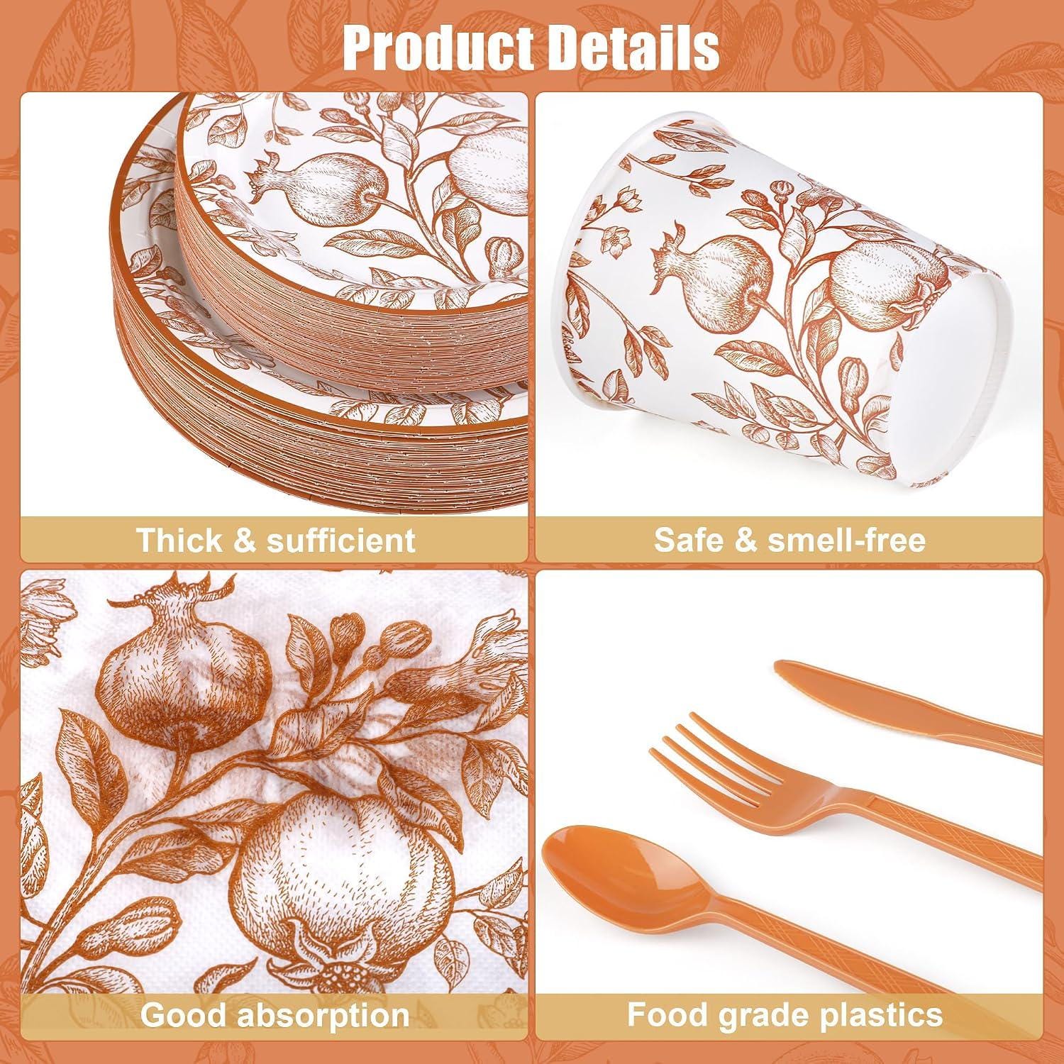 400pc Pomegranate Floral Tableware Set, Orange Autumn Plates, Cups, Napkins, Cutlery (Serves 50)