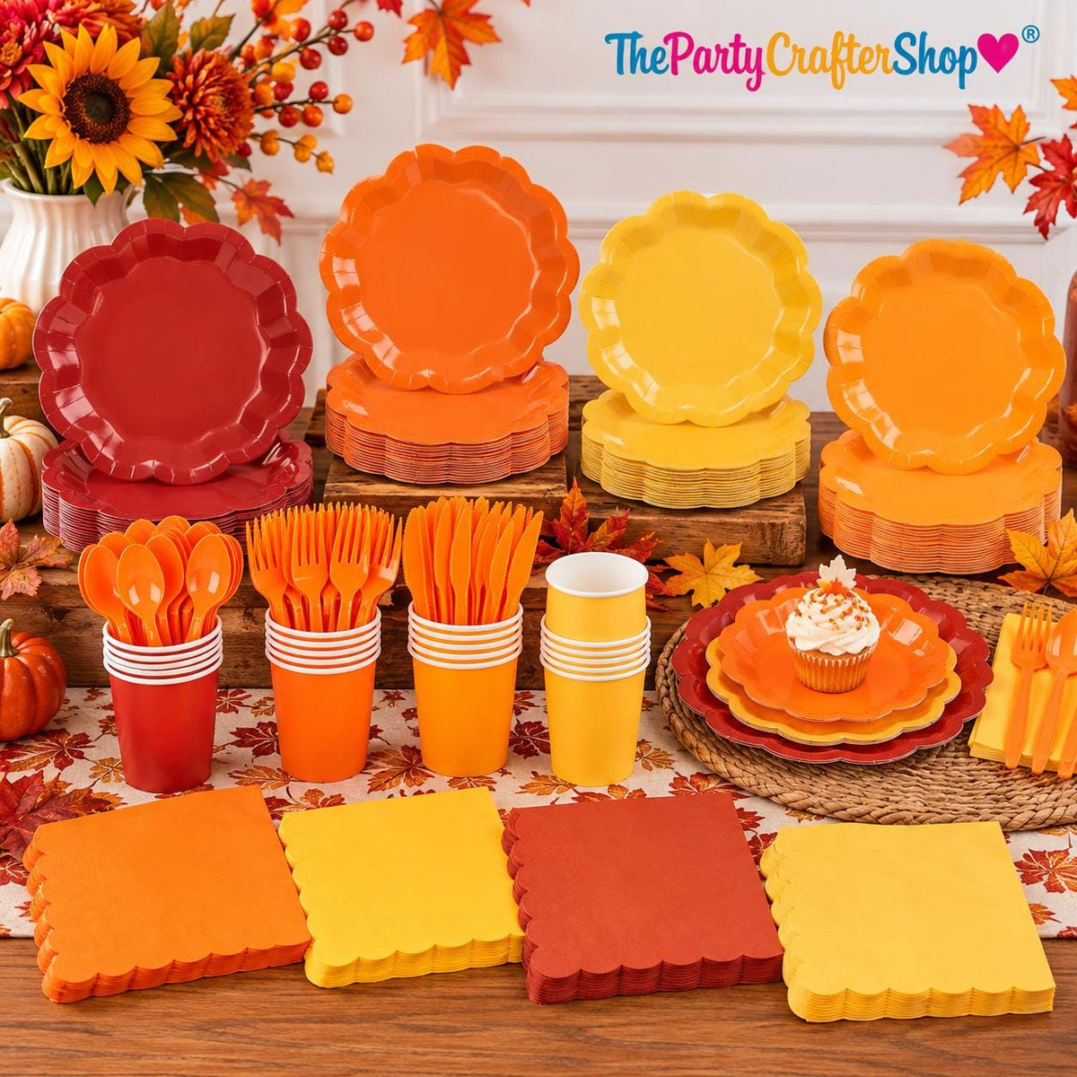 168pc Fall Orange Tableware Set, Scalloped Paper Plates, Napkins, Cutlery (Serves 24)