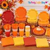 168pc Fall Orange Tableware Set, Scalloped Paper Plates, Napkins, Cutlery (Serves 24)