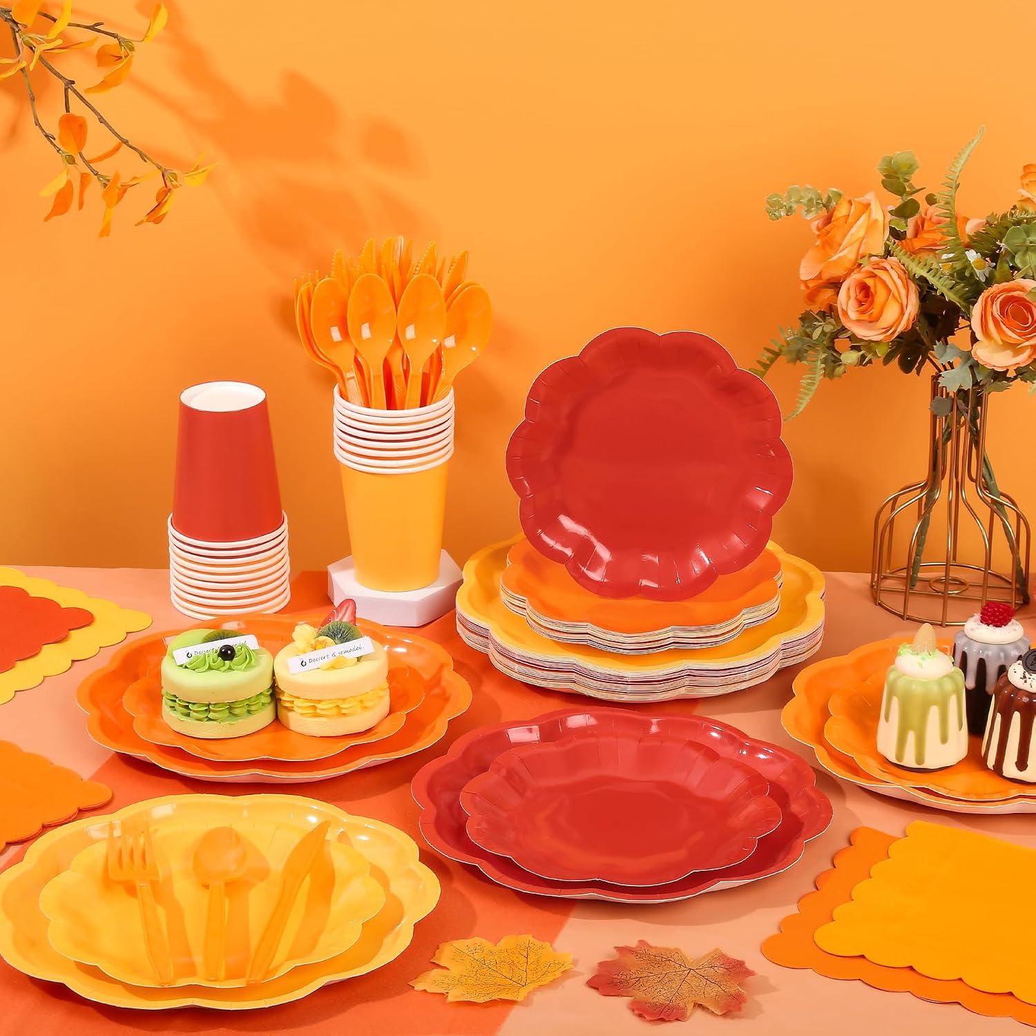 168pc Fall Orange Tableware Set, Scalloped Paper Plates, Napkins, Cutlery (Serves 24)