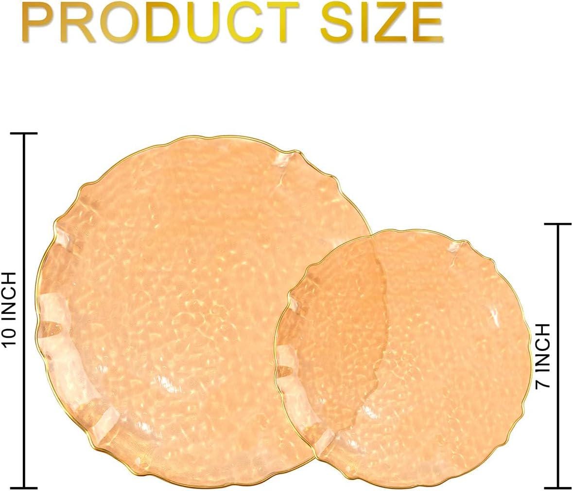 40pc Orange Hammered Plastic Plates, Gold Rim, Scalloped Edges (10 & 7 Inch)