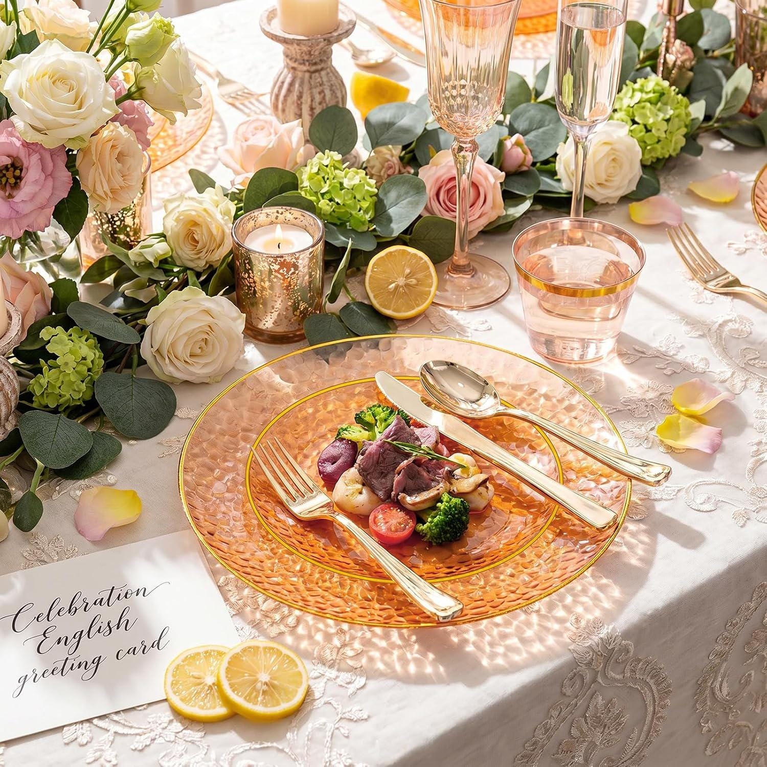 175pc Orange Gold Hammered Tableware Set, Serves 25 Guests (Disposable)