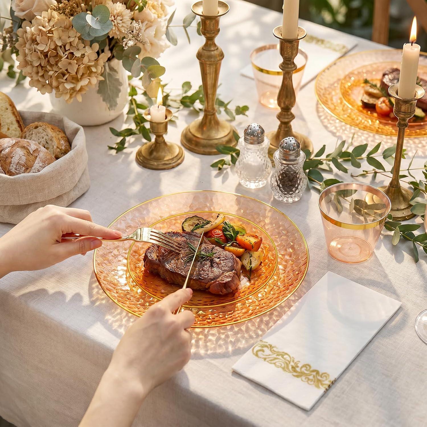 175pc Orange Gold Hammered Tableware Set, Serves 25 Guests (Disposable)