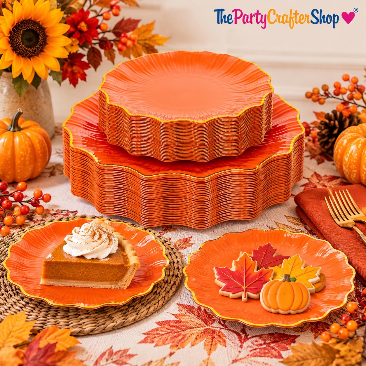 60pc Orange Gold Scalloped Plastic Plates, Heavy Duty Party Tableware (Serves 30)