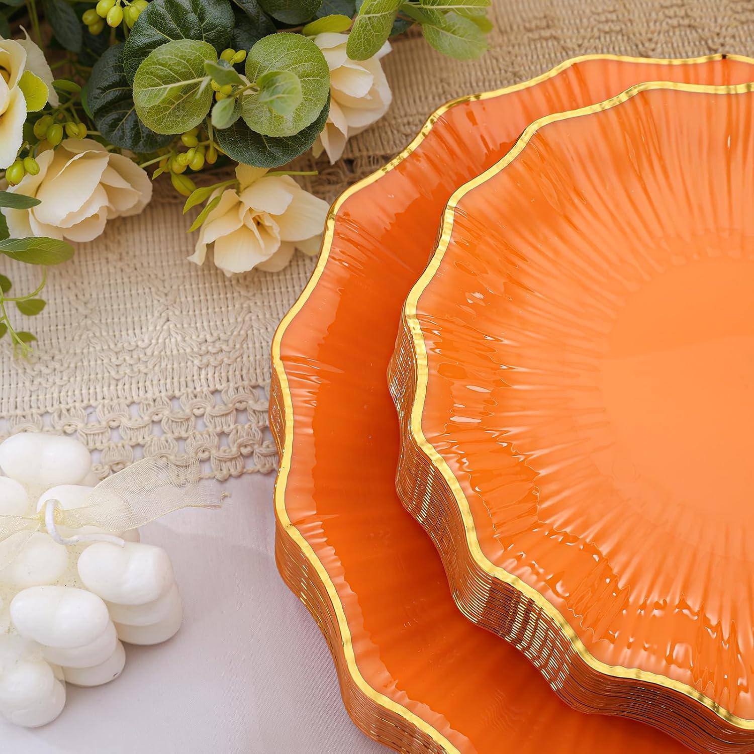 60pc Orange Gold Scalloped Plastic Plates, Heavy Duty Party Tableware (Serves 30)