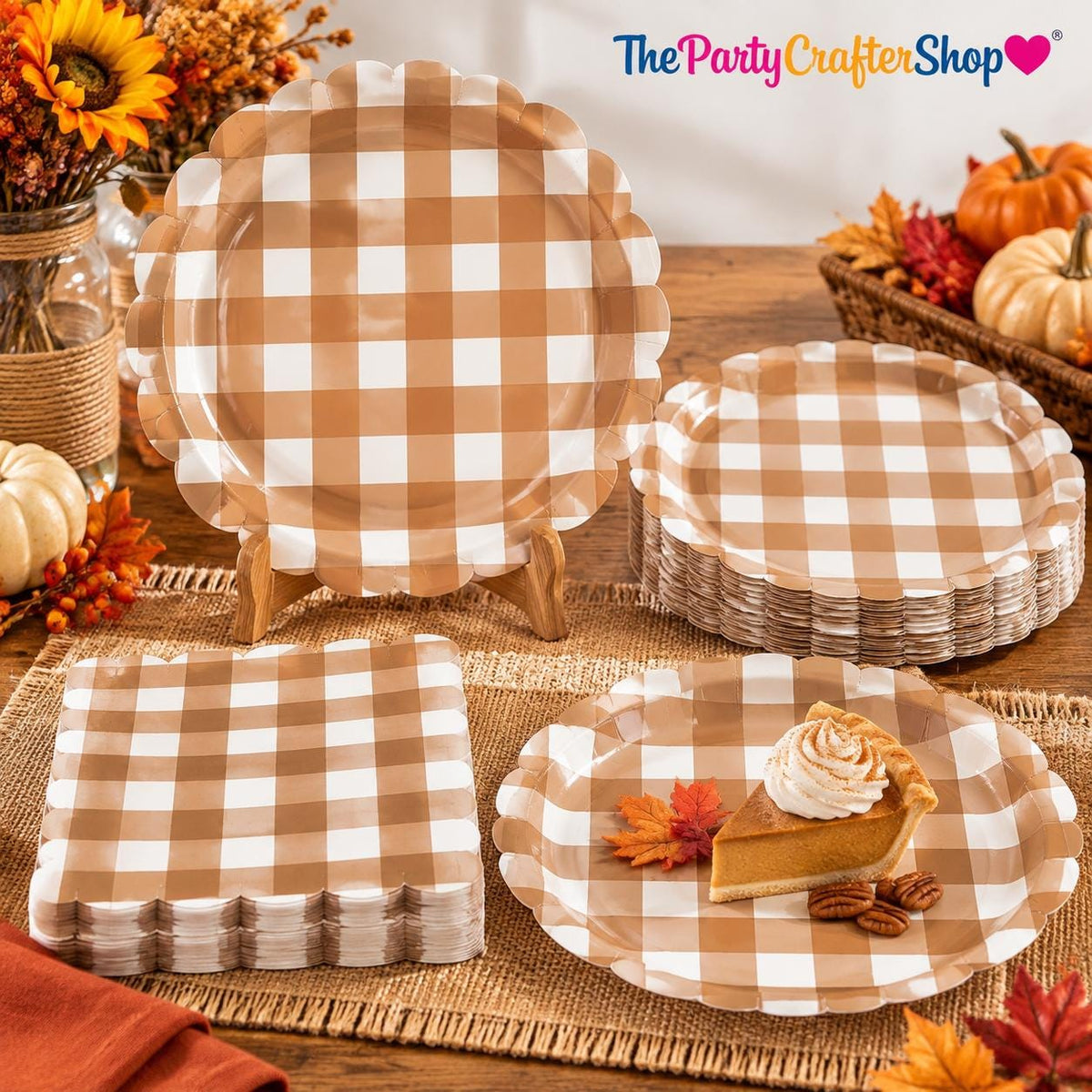 Brown Gingham Paper Plates & Napkins Set, 7 Inch Scalloped Dessert Tableware (50pc)