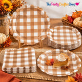 Brown Gingham Paper Plates & Napkins Set, 7 Inch Scalloped Dessert Tableware (50pc)