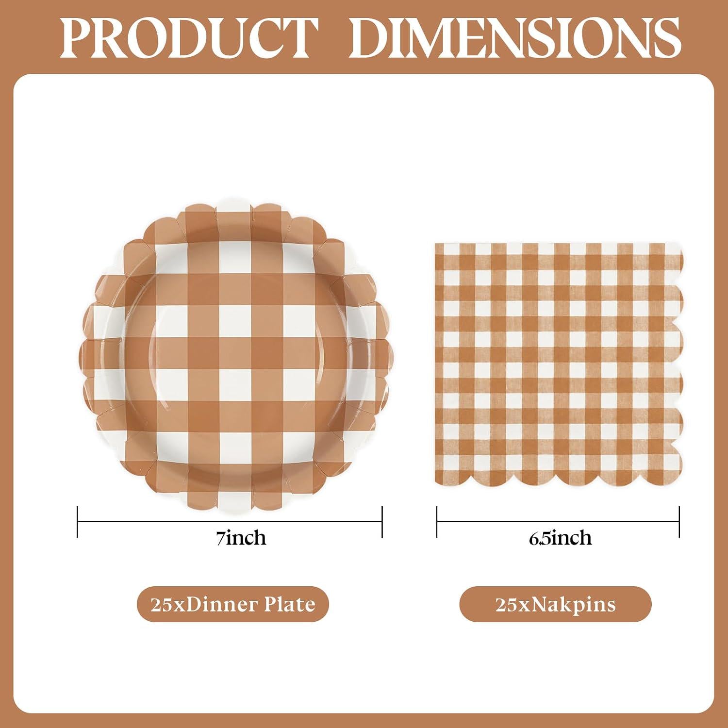 Brown Gingham Paper Plates & Napkins Set, 7 Inch Scalloped Dessert Tableware (50pc)