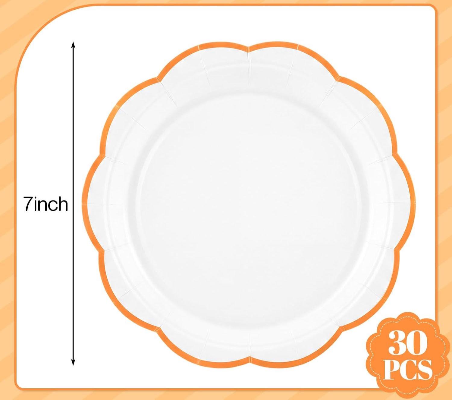 30pc Orange Trim Scalloped Paper Plates, 7 Inch Disposable Tableware (Set)