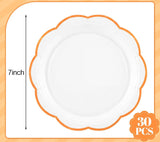 30pc Orange Trim Scalloped Paper Plates, 7 Inch Disposable Tableware (Set)