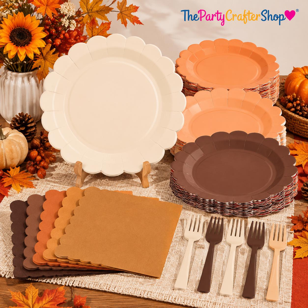 Autumn Tableware Set, 24-Piece Scalloped Plates, Napkins, Forks (Serves 24)