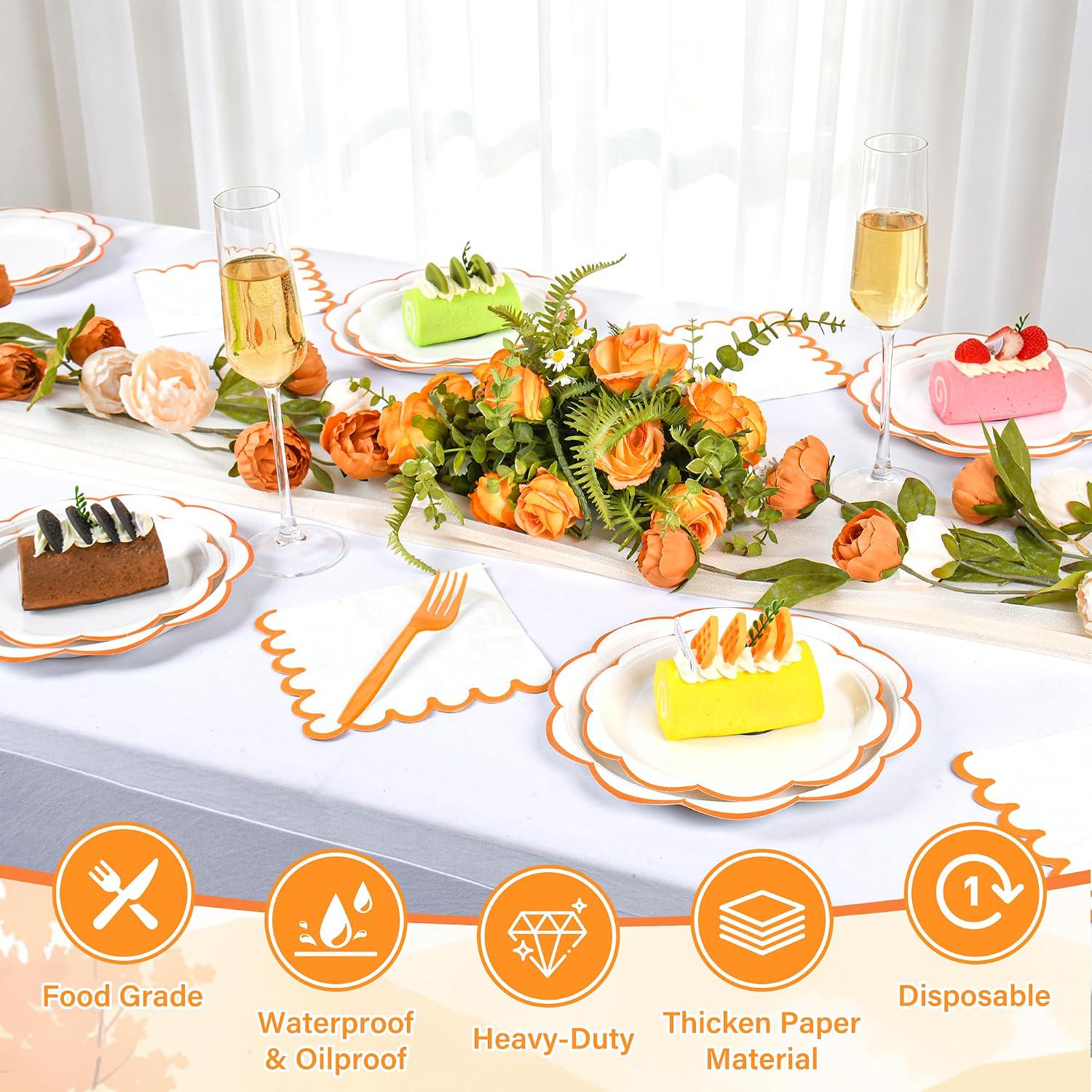 96pc Orange Scalloped Fall Tableware Set, Serves 24, Dinner Plates, Napkins, Forks (Party Decor)