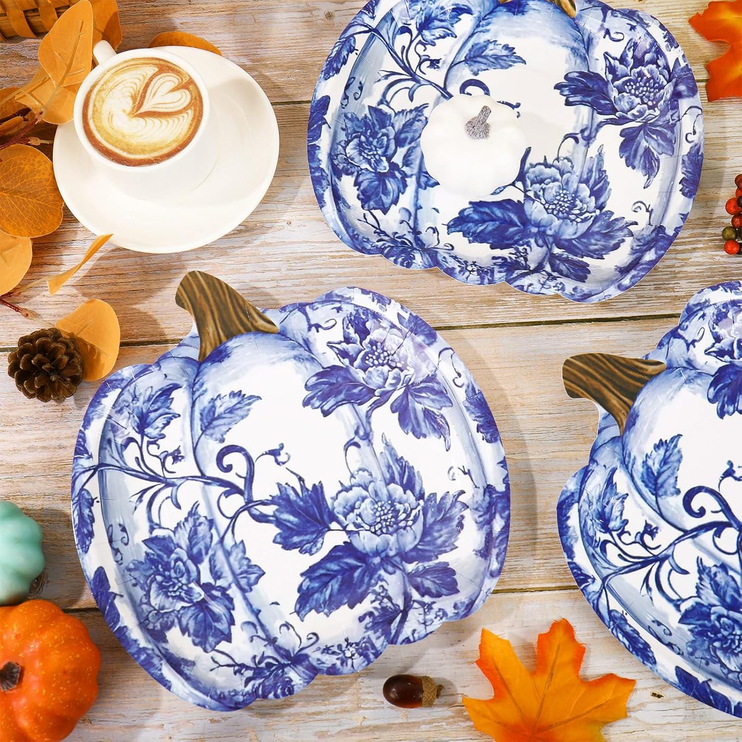 40pc Blue Chinoiserie Pumpkin Paper Plates, Floral Autumn Tableware (8.7-9.5 inch)