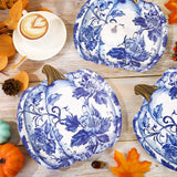 40pc Blue Chinoiserie Pumpkin Paper Plates, Floral Autumn Tableware (8.7-9.5 inch)