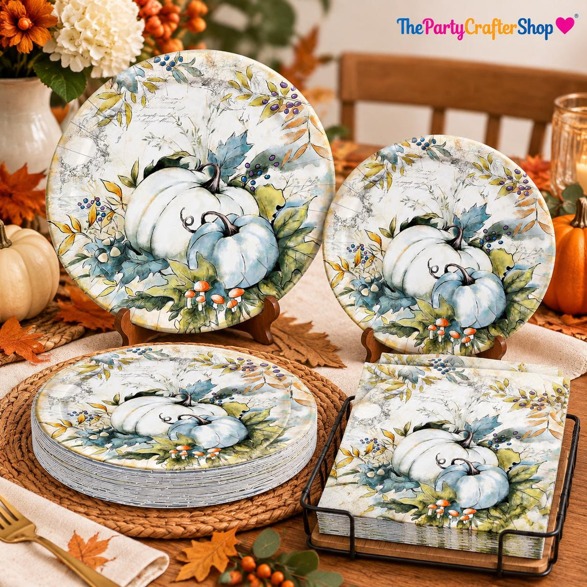 Blue Pumpkin Watercolor Paper Plates & Napkins, 72pc Fall Tableware Set (Serves 24)