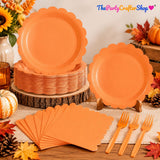 105pc Orange Scalloped Paper Plates, Napkins, Forks Set (Serves 35)