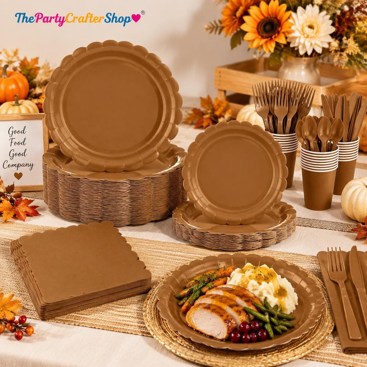168pc Brown Fall Tableware Set, Scalloped Paper Plates, Cups, Napkins, Cutlery (Serves 24)