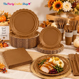 168pc Brown Fall Tableware Set, Scalloped Paper Plates, Cups, Napkins, Cutlery (Serves 24)