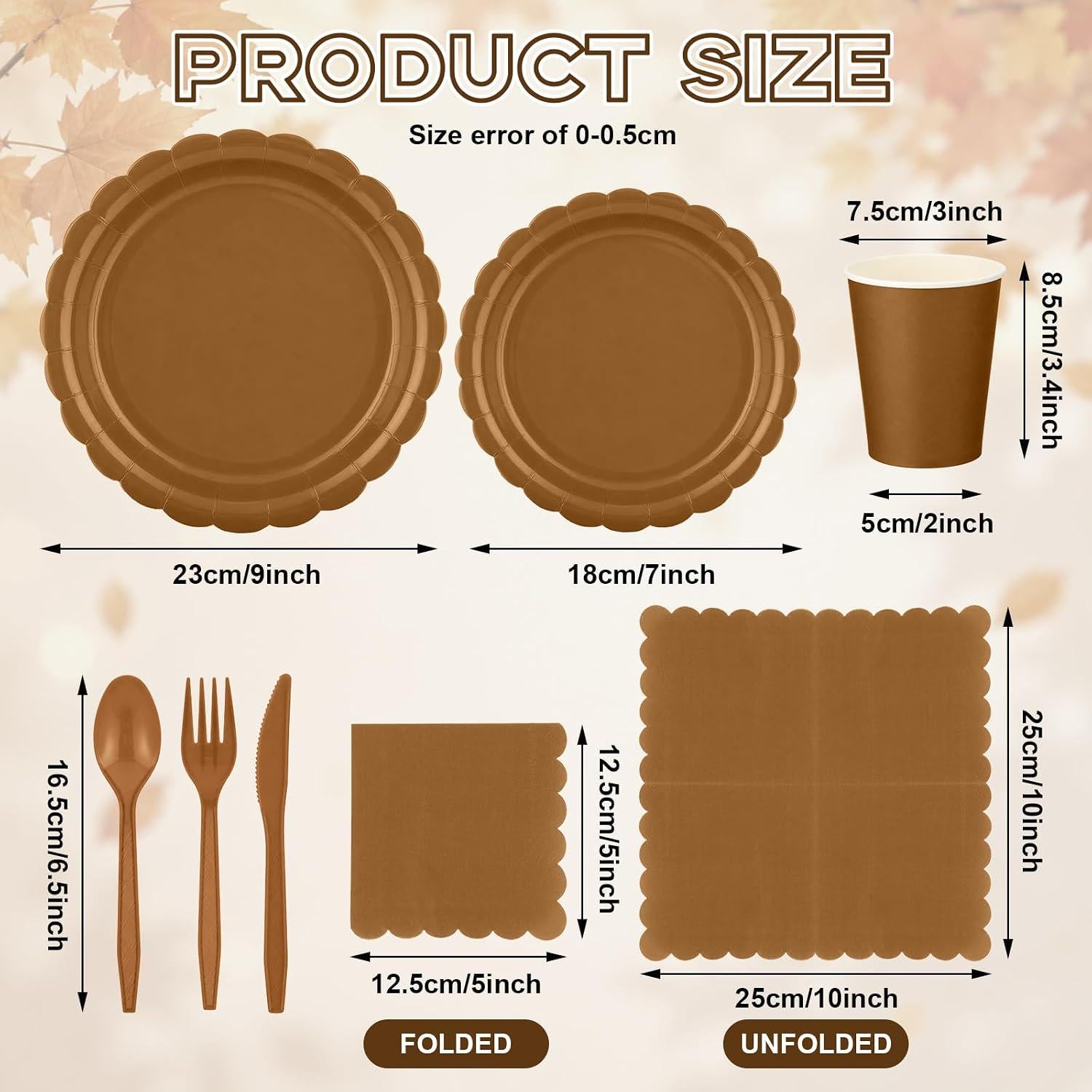 168pc Brown Fall Tableware Set, Scalloped Paper Plates, Cups, Napkins, Cutlery (Serves 24)
