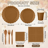 168pc Brown Fall Tableware Set, Scalloped Paper Plates, Cups, Napkins, Cutlery (Serves 24)