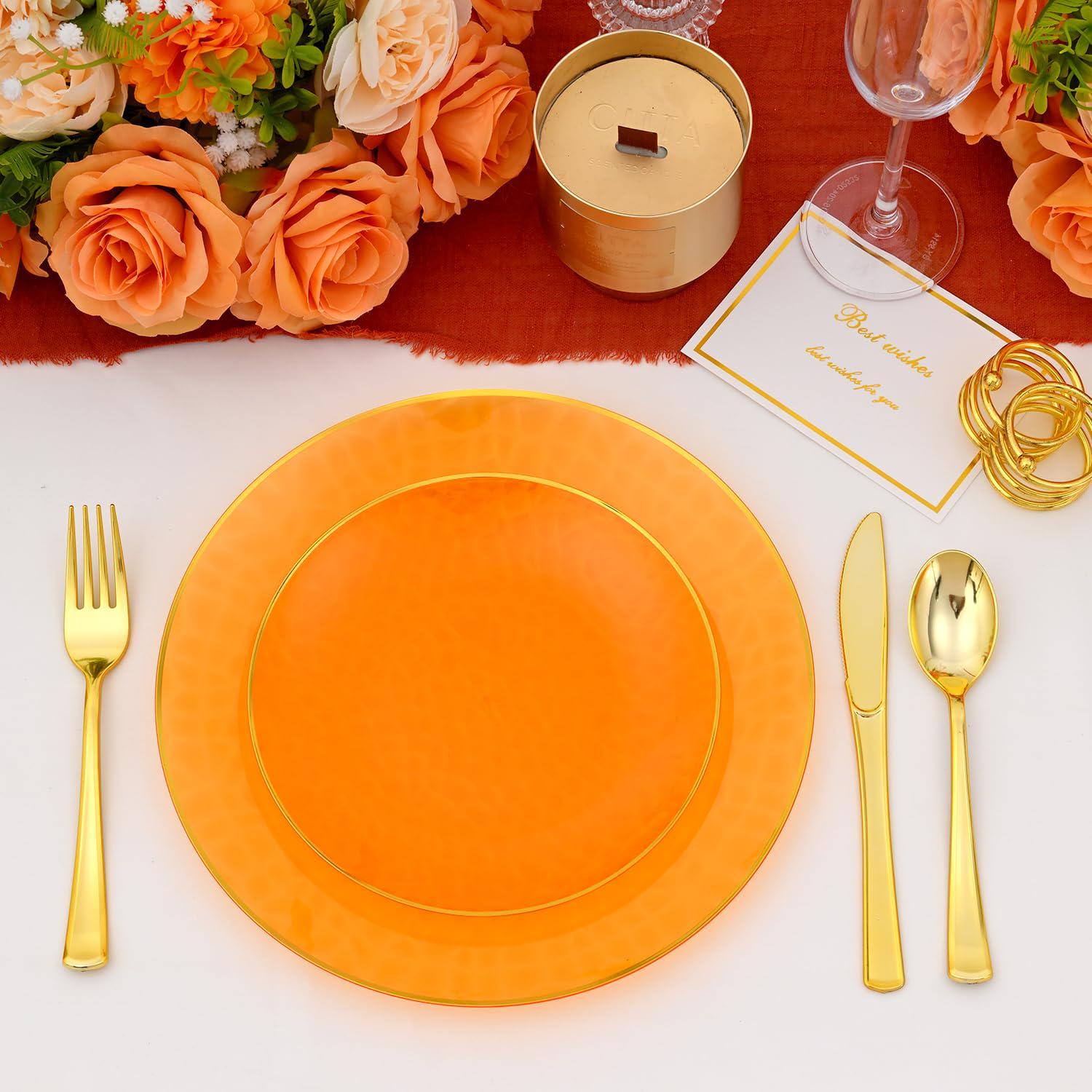 72pc Orange Hammered Plastic Plates with Gold Rim, Elegant Party Tableware (Serves 36)