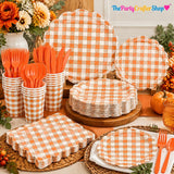 400pc Orange Gingham Tableware Set, Scalloped Plates, Cups, Napkins, Cutlery (Serves 50)